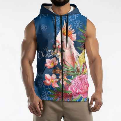 Australia Christmas Pink Cockatoo with Banksia Sleeveless Zip Hoodie Snowy Blue
