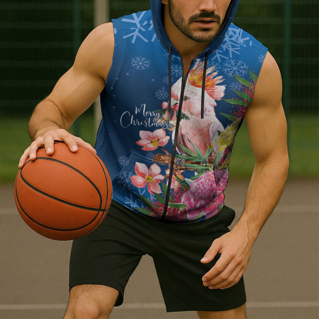 Australia Christmas Pink Cockatoo with Banksia Sleeveless Zip Hoodie Snowy Blue