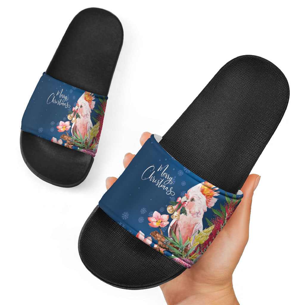 Australia Christmas Pink Cockatoo with Banksia Slide Sandals Snowy Blue