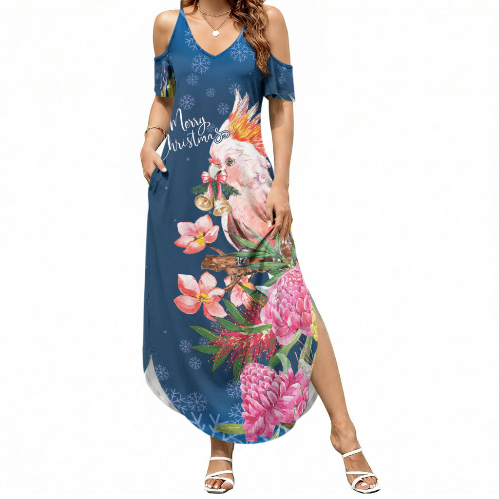 Australia Christmas Pink Cockatoo with Banksia Summer Maxi Dress Snowy Blue