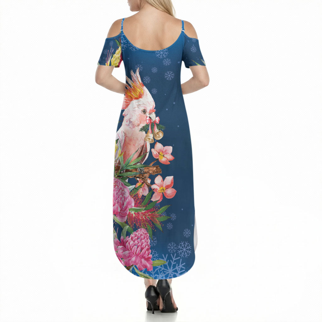 Australia Christmas Pink Cockatoo with Banksia Summer Maxi Dress Snowy Blue