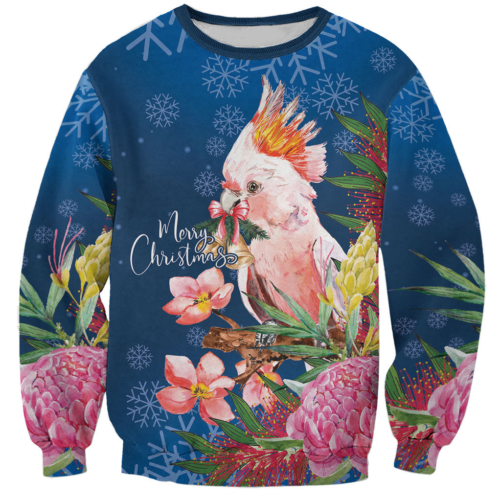 Australia Christmas Pink Cockatoo with Banksia Sweatshirt Snowy Blue