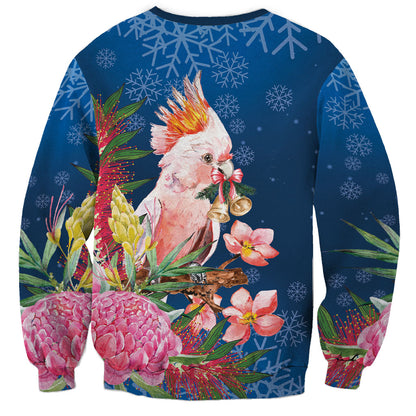 Australia Christmas Pink Cockatoo with Banksia Sweatshirt Snowy Blue