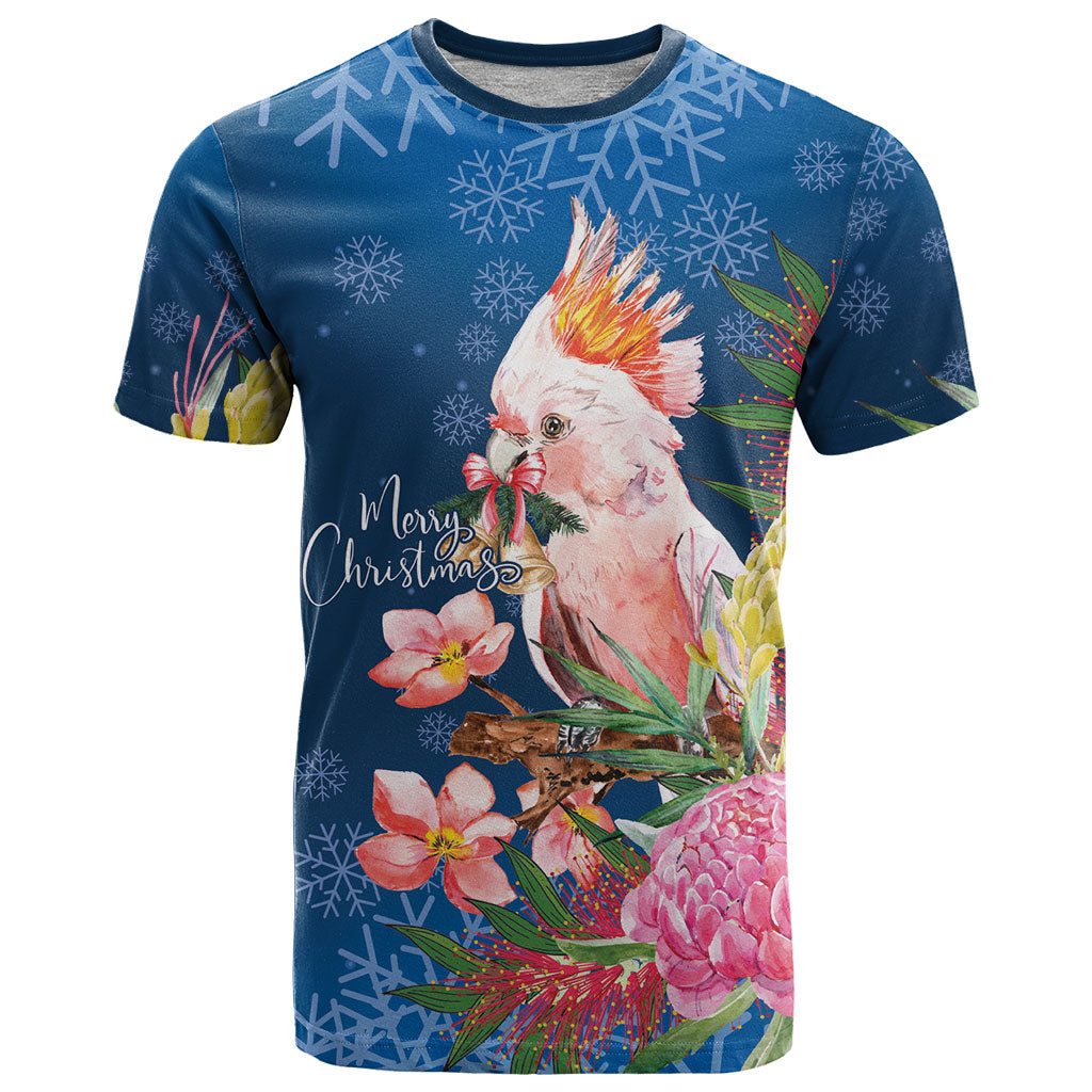 Australia Christmas Pink Cockatoo with Banksia T Shirt Snowy Blue