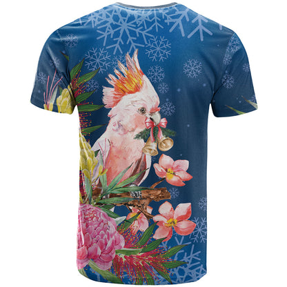 Australia Christmas Pink Cockatoo with Banksia T Shirt Snowy Blue
