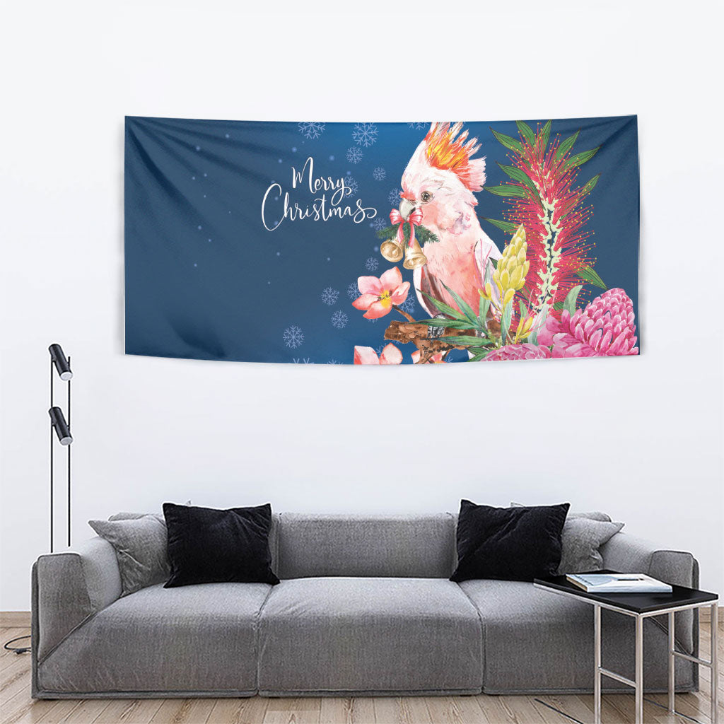 Australia Christmas Pink Cockatoo with Banksia Tapestry Snowy Blue