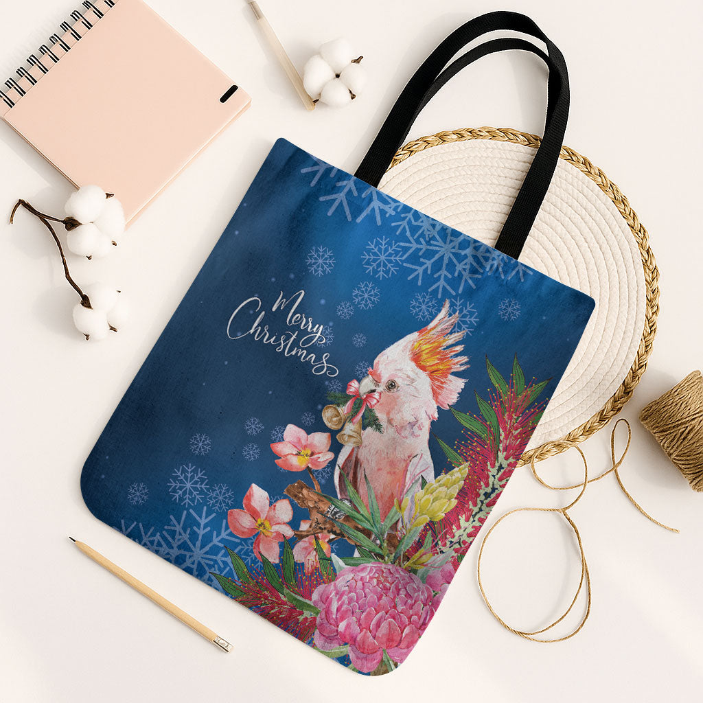 Australia Christmas Pink Cockatoo with Banksia Tote Bag Snowy Blue