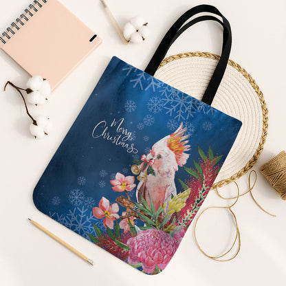Australia Christmas Pink Cockatoo with Banksia Tote Bag Snowy Blue
