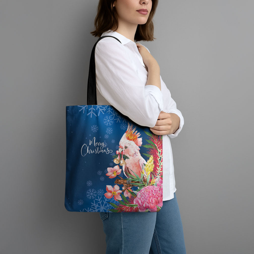 Australia Christmas Pink Cockatoo with Banksia Tote Bag Snowy Blue