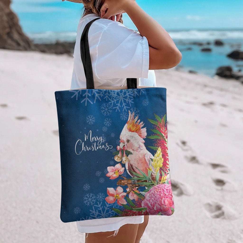 Australia Christmas Pink Cockatoo with Banksia Tote Bag Snowy Blue
