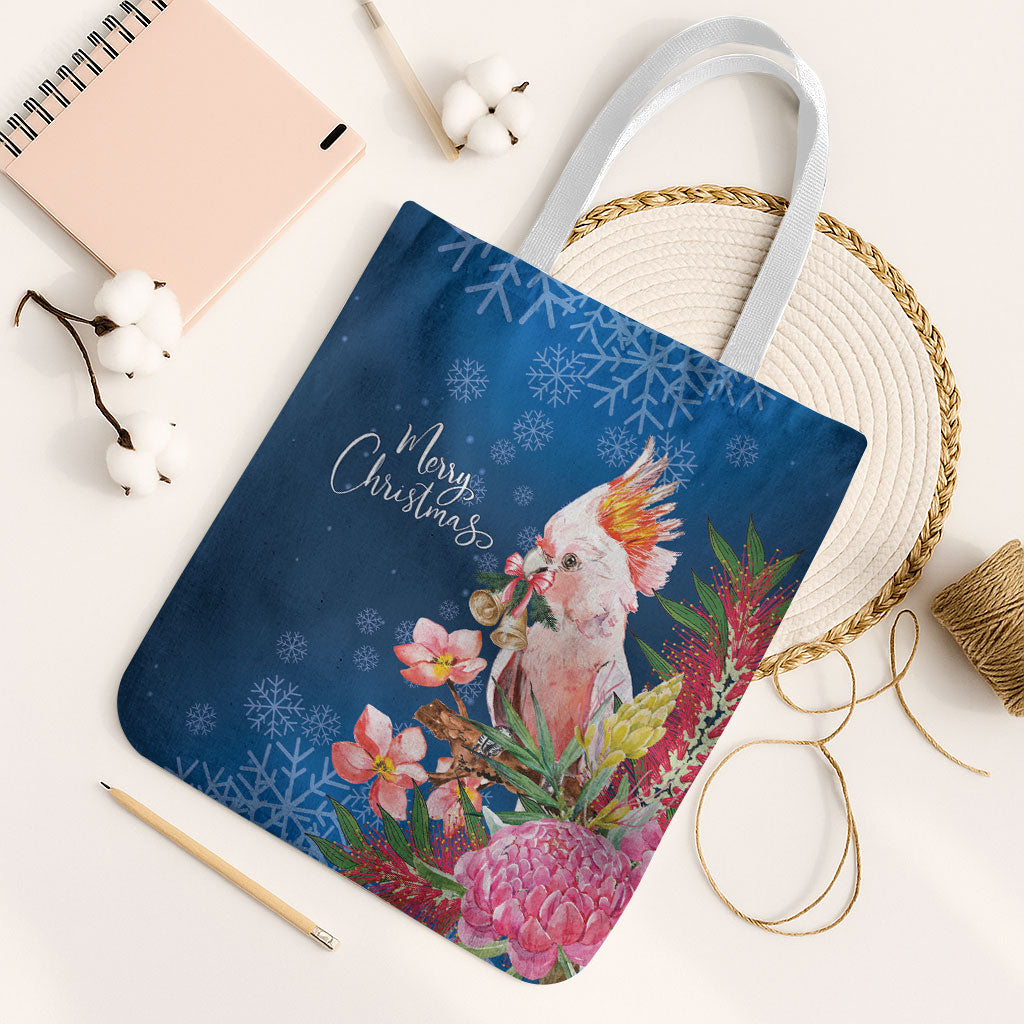 Australia Christmas Pink Cockatoo with Banksia Tote Bag Snowy Blue
