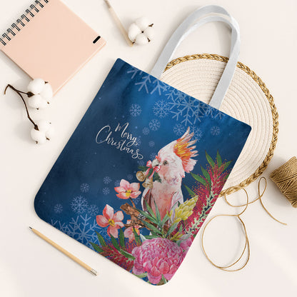Australia Christmas Pink Cockatoo with Banksia Tote Bag Snowy Blue