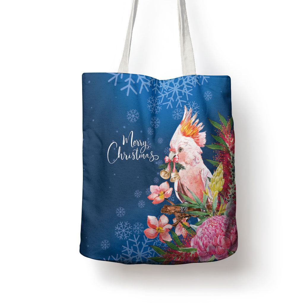 Australia Christmas Pink Cockatoo with Banksia Tote Bag Snowy Blue