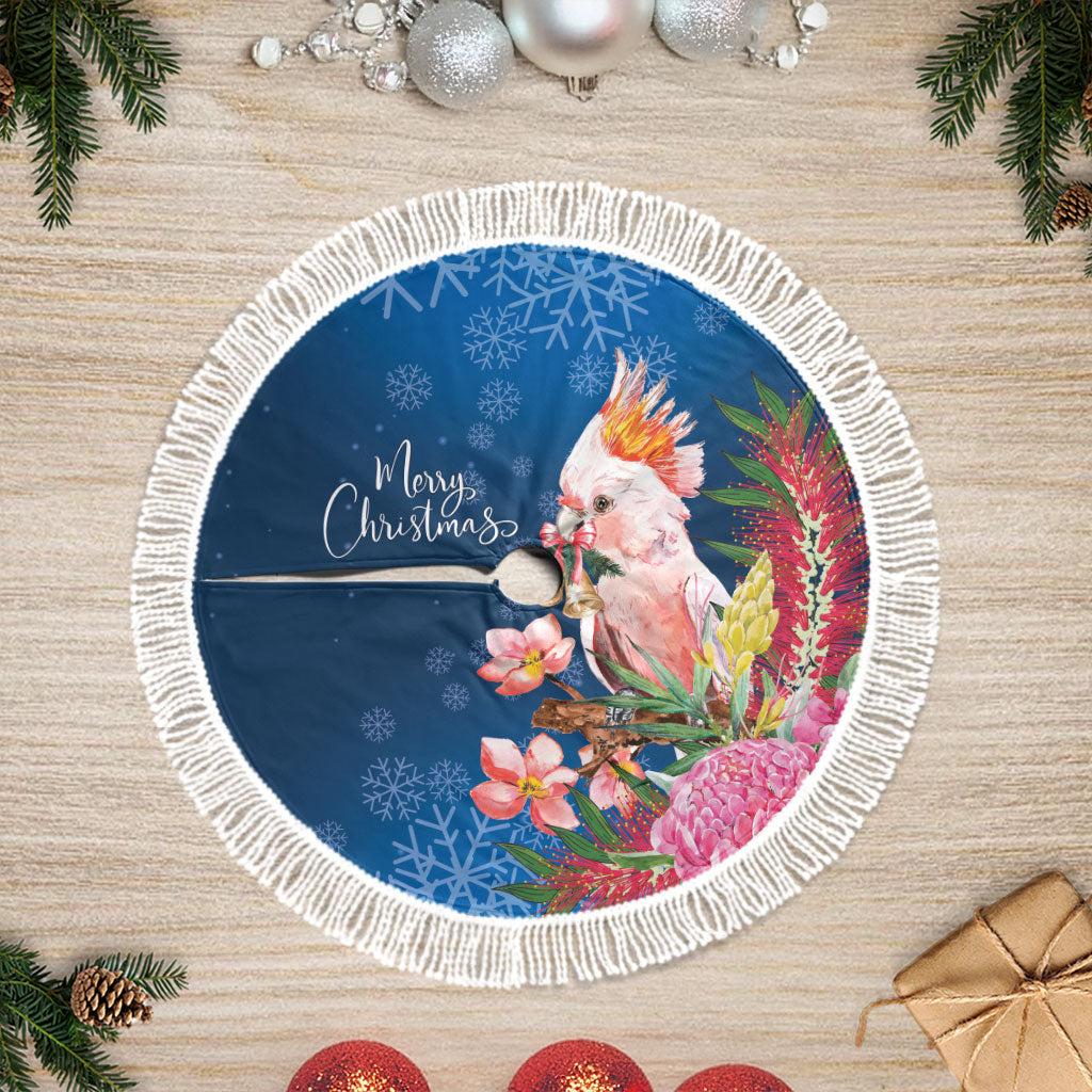 Australia Christmas Pink Cockatoo with Banksia Tree Skirt Snowy Blue
