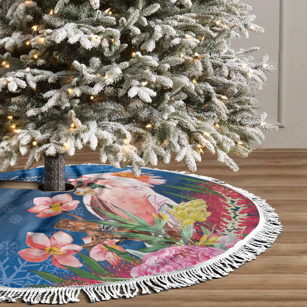 Australia Christmas Pink Cockatoo with Banksia Tree Skirt Snowy Blue