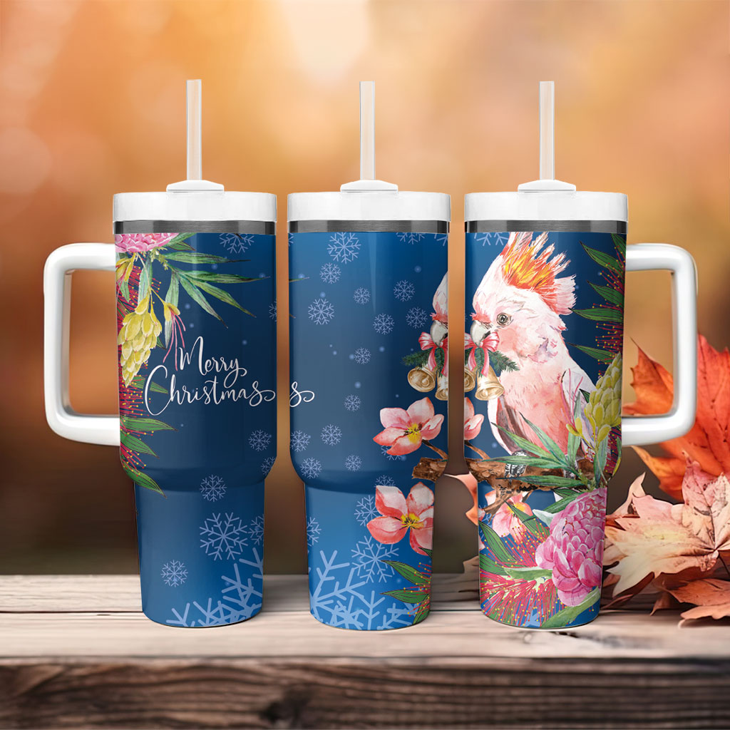 Australia Christmas Pink Cockatoo with Banksia Tumbler With Handle Snowy Blue
