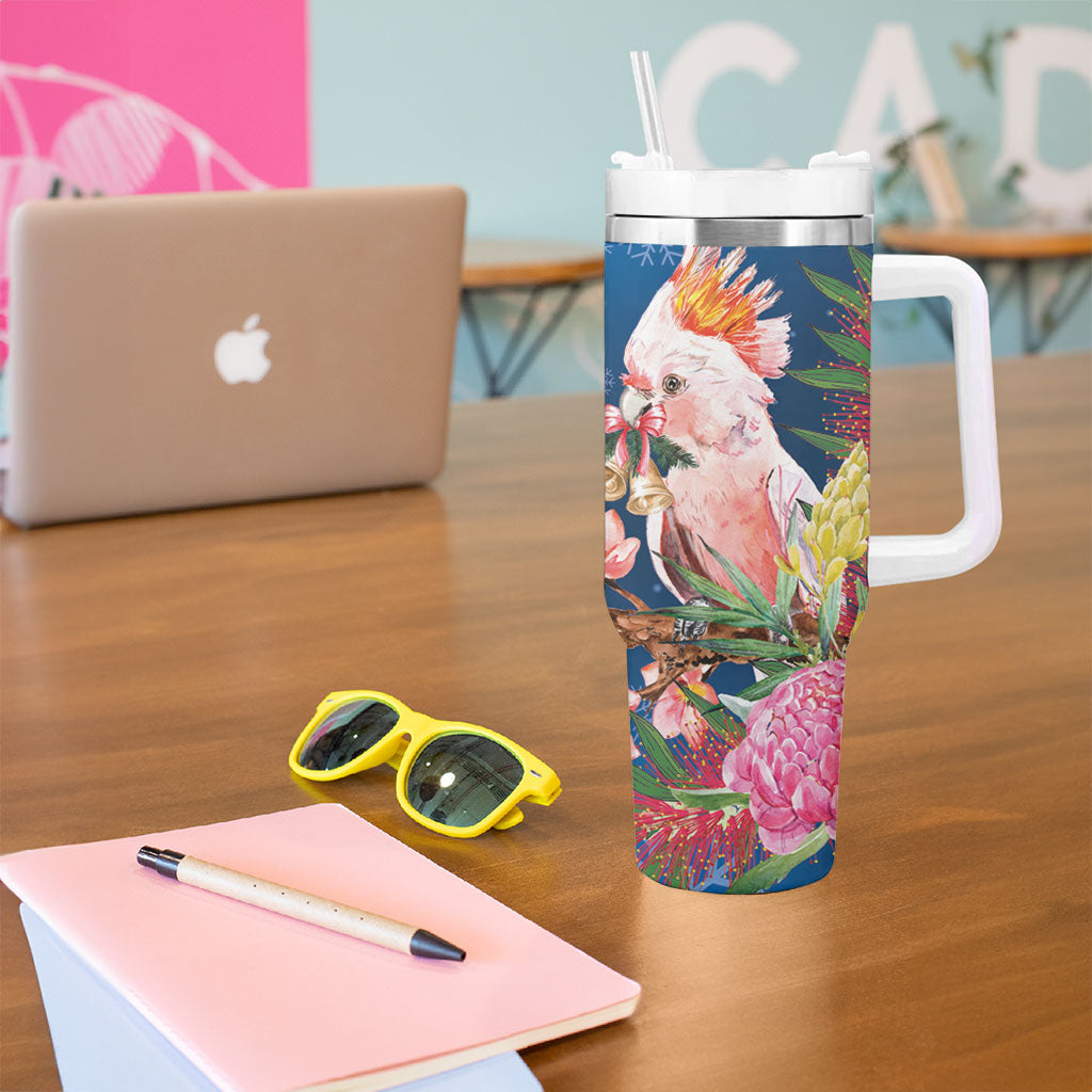 Australia Christmas Pink Cockatoo with Banksia Tumbler With Handle Snowy Blue