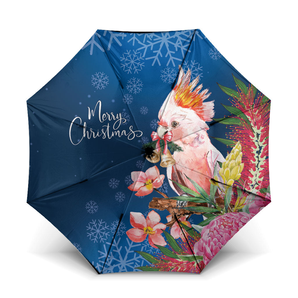 Australia Christmas Pink Cockatoo with Banksia Umbrella Snowy Blue