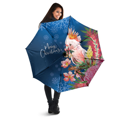 Australia Christmas Pink Cockatoo with Banksia Umbrella Snowy Blue