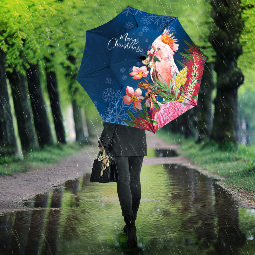 Australia Christmas Pink Cockatoo with Banksia Umbrella Snowy Blue