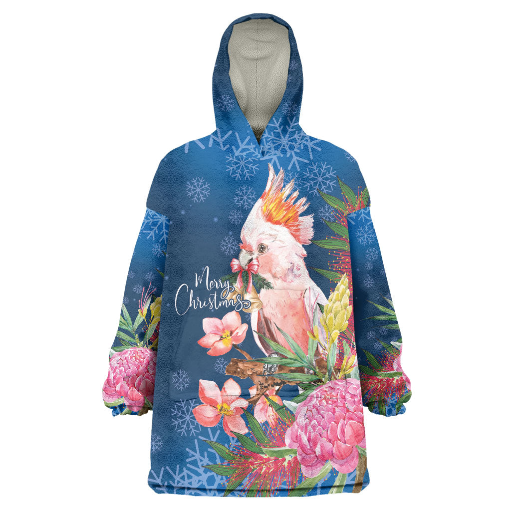 Australia Christmas Pink Cockatoo with Banksia Wearable Blanket Hoodie Snowy Blue