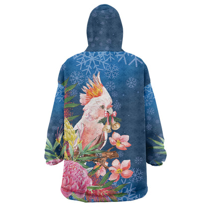 Australia Christmas Pink Cockatoo with Banksia Wearable Blanket Hoodie Snowy Blue