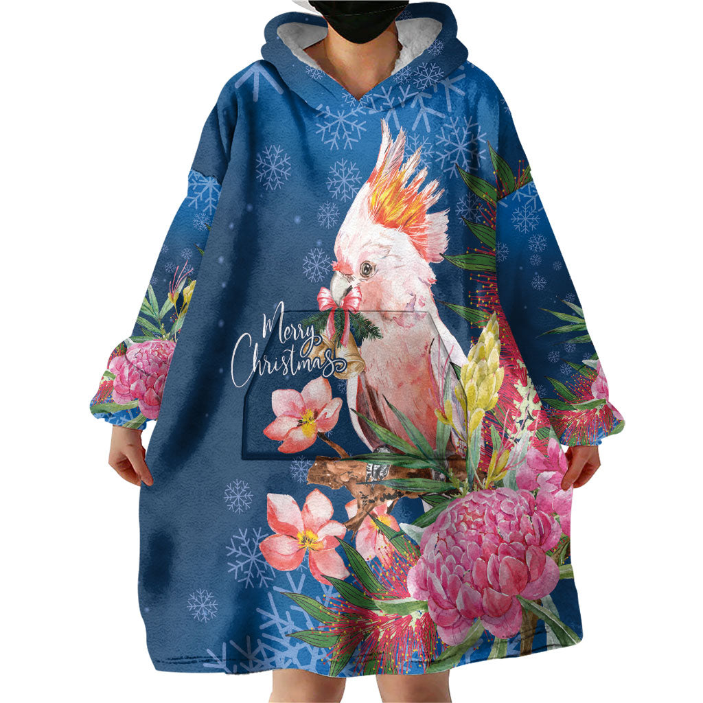 Australia Christmas Pink Cockatoo with Banksia Wearable Blanket Hoodie Snowy Blue