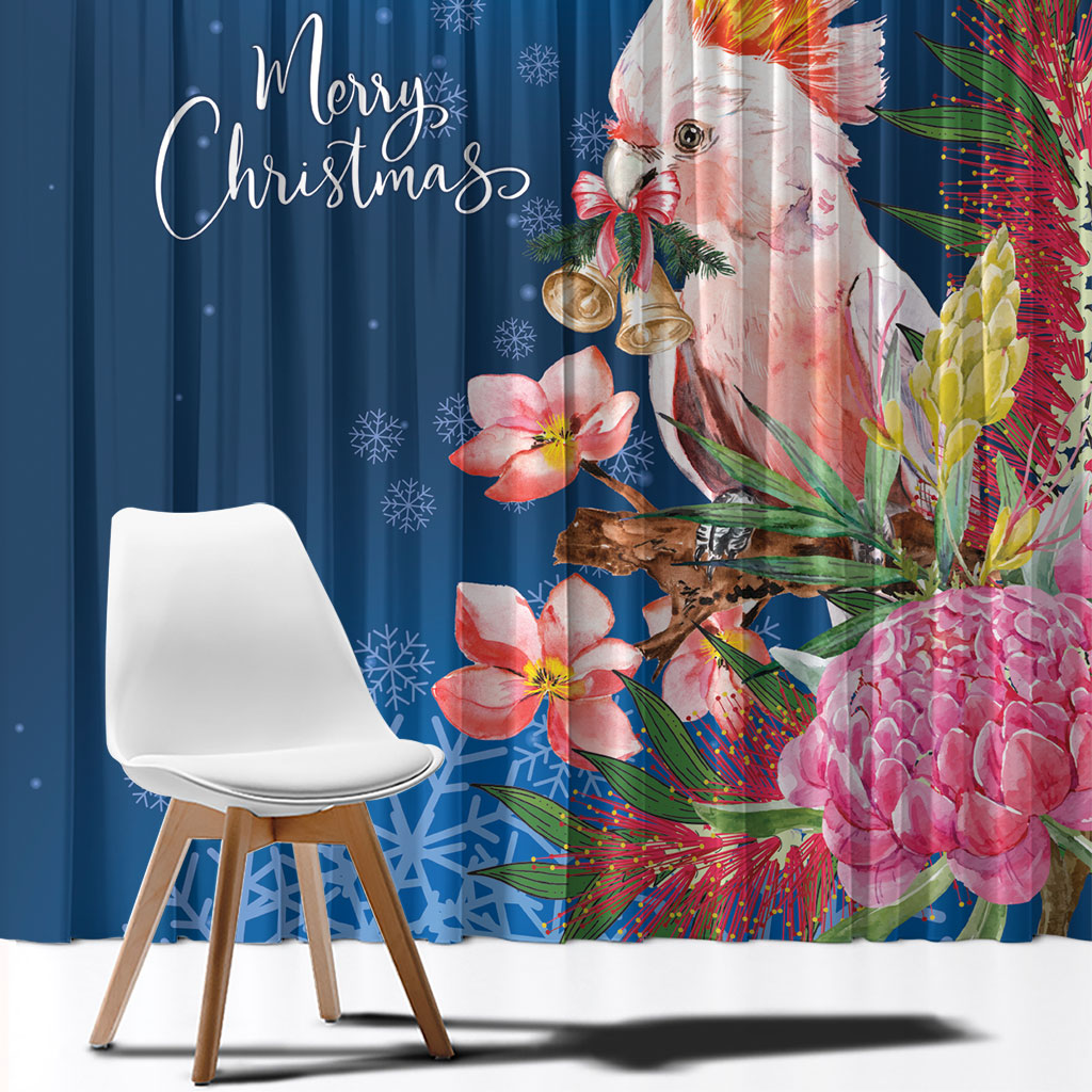 Australia Christmas Pink Cockatoo with Banksia Window Curtain Snowy Blue