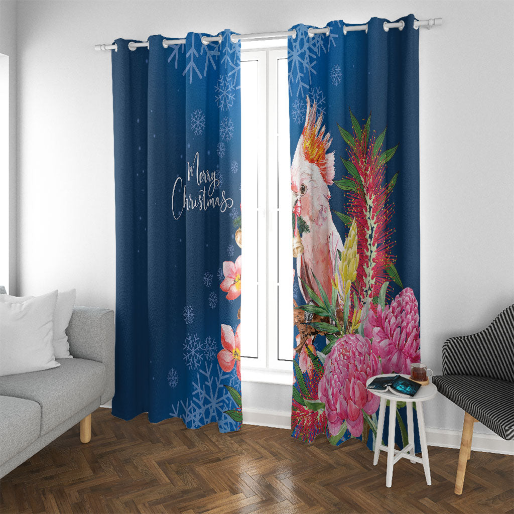 Australia Christmas Pink Cockatoo with Banksia Window Curtain Snowy Blue