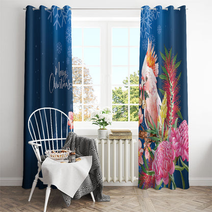 Australia Christmas Pink Cockatoo with Banksia Window Curtain Snowy Blue
