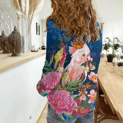 Australia Christmas Pink Cockatoo with Banksia Women Casual Shirt Snowy Blue