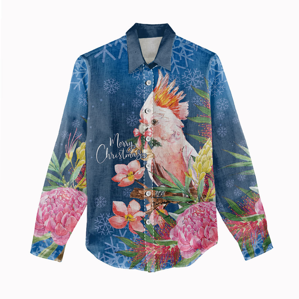 Australia Christmas Pink Cockatoo with Banksia Women Casual Shirt Snowy Blue