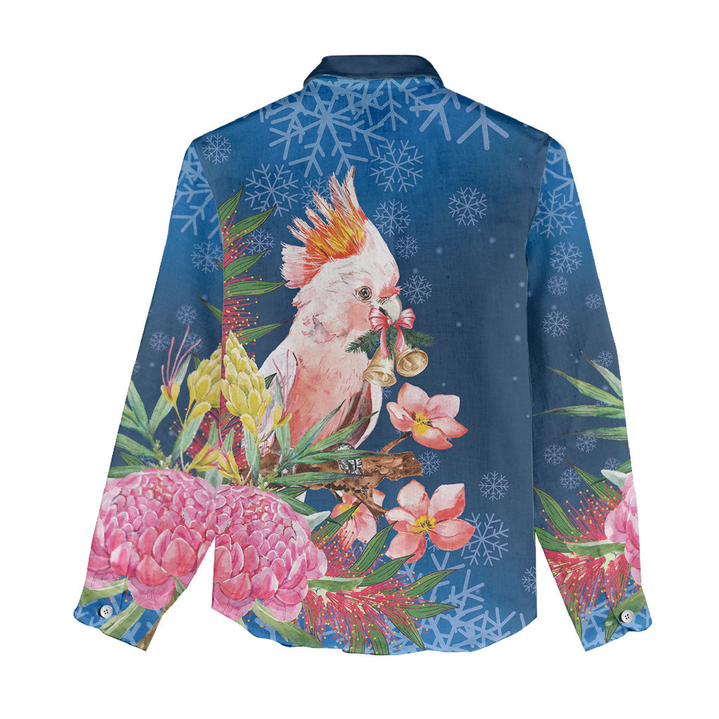 Australia Christmas Pink Cockatoo with Banksia Women Casual Shirt Snowy Blue