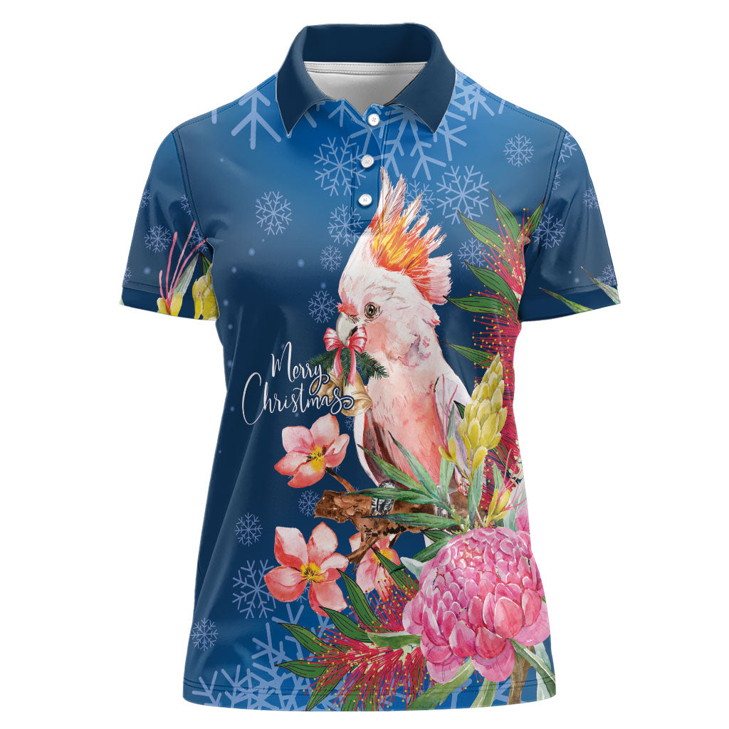 Australia Christmas Pink Cockatoo with Banksia Women Polo Shirt Snowy Blue