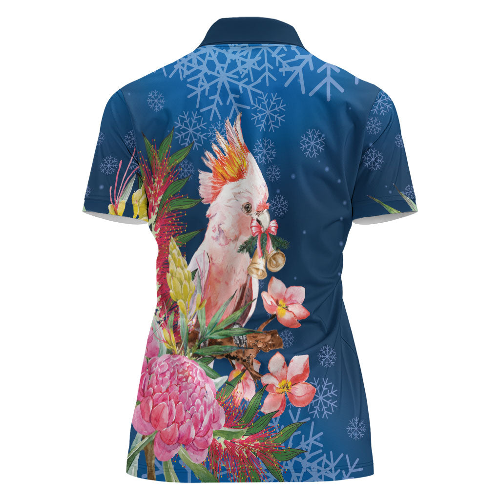 Australia Christmas Pink Cockatoo with Banksia Women Polo Shirt Snowy Blue