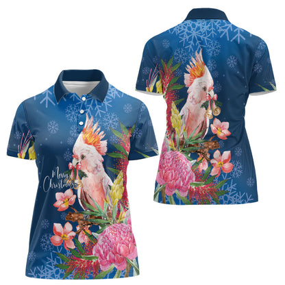 Australia Christmas Pink Cockatoo with Banksia Women Polo Shirt Snowy Blue