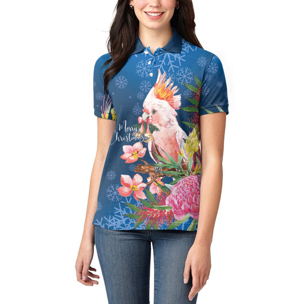 Australia Christmas Pink Cockatoo with Banksia Women Polo Shirt Snowy Blue
