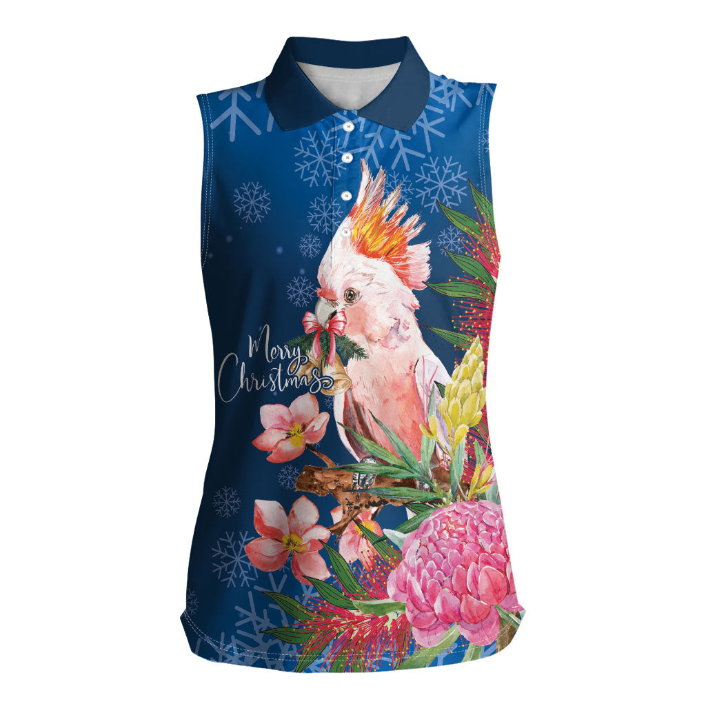 Australia Christmas Pink Cockatoo with Banksia Women Sleeveless Polo Shirt Snowy Blue