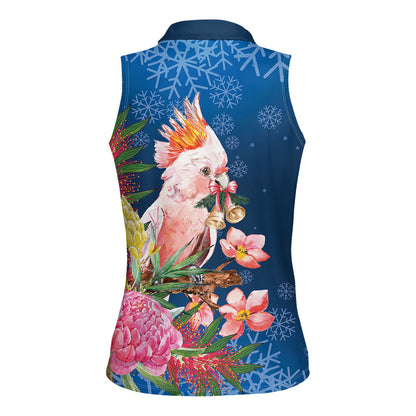 Australia Christmas Pink Cockatoo with Banksia Women Sleeveless Polo Shirt Snowy Blue
