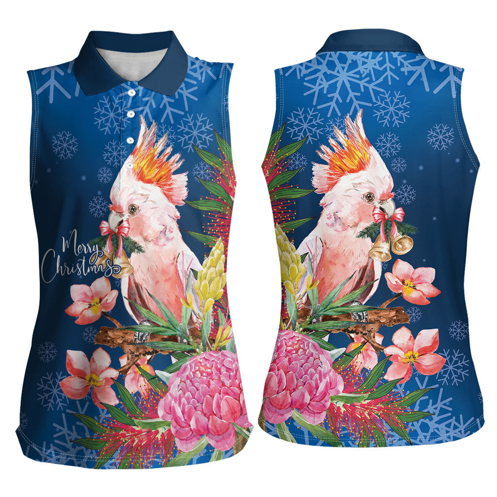 Australia Christmas Pink Cockatoo with Banksia Women Sleeveless Polo Shirt Snowy Blue