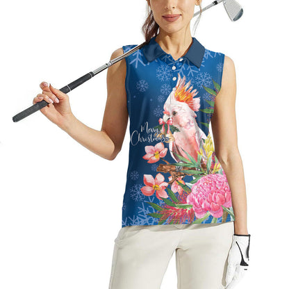 Australia Christmas Pink Cockatoo with Banksia Women Sleeveless Polo Shirt Snowy Blue