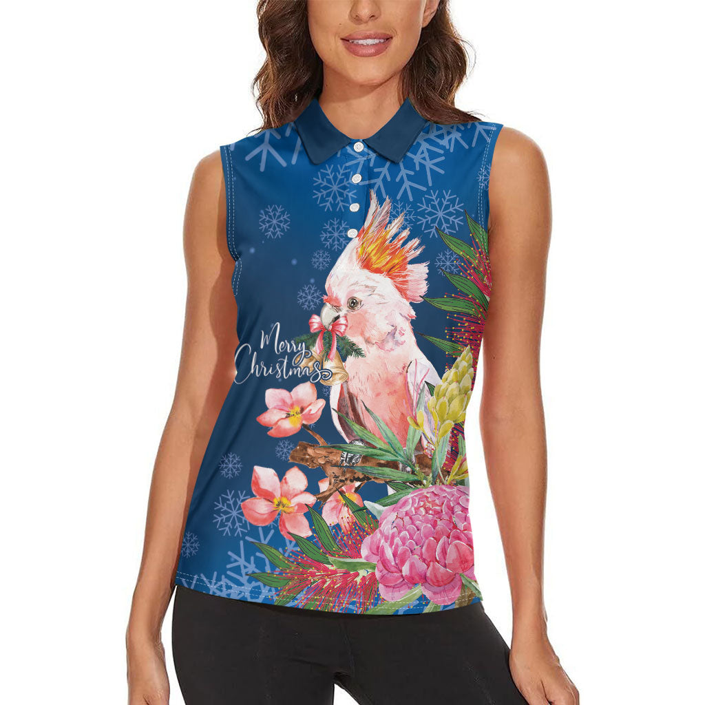 Australia Christmas Pink Cockatoo with Banksia Women Sleeveless Polo Shirt Snowy Blue