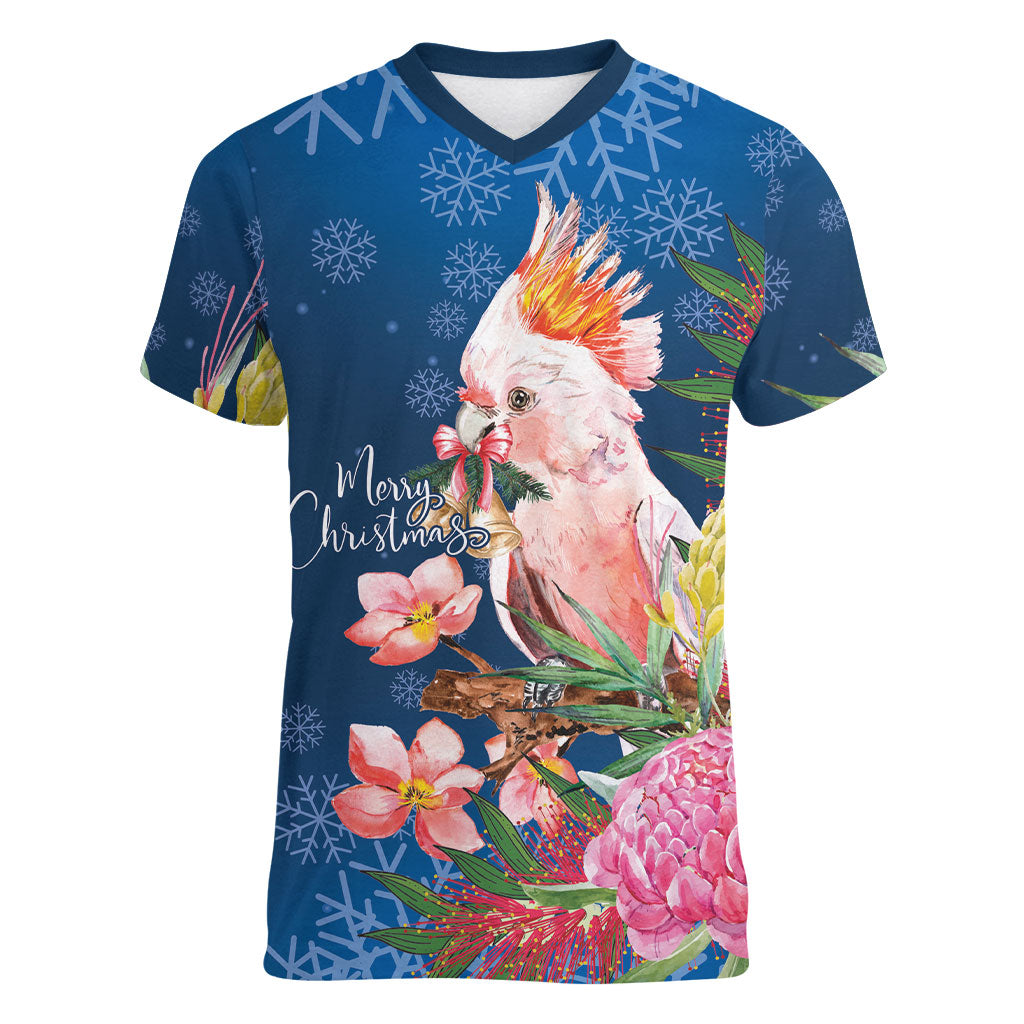 Australia Christmas Pink Cockatoo with Banksia Women V-Neck T-Shirt Snowy Blue