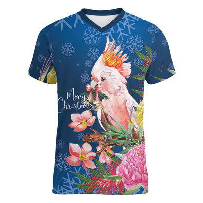 Australia Christmas Pink Cockatoo with Banksia Women V-Neck T-Shirt Snowy Blue