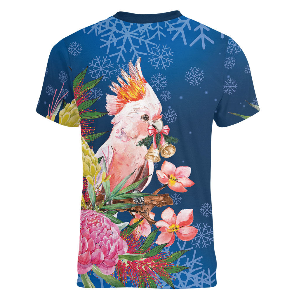 Australia Christmas Pink Cockatoo with Banksia Women V-Neck T-Shirt Snowy Blue