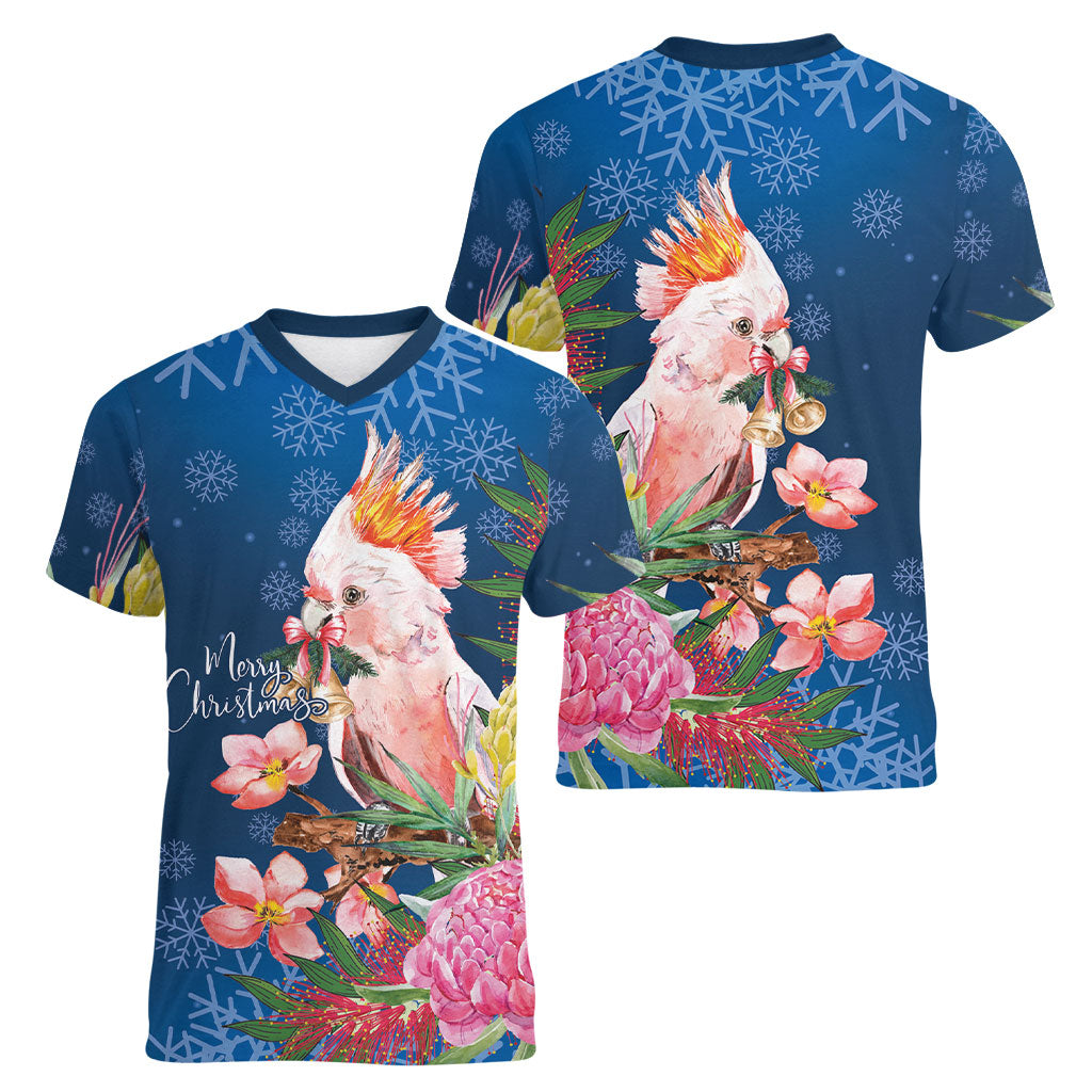 Australia Christmas Pink Cockatoo with Banksia Women V-Neck T-Shirt Snowy Blue