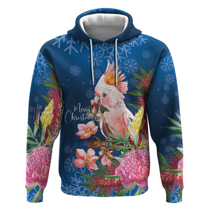 Australia Christmas Pink Cockatoo with Banksia Zip Hoodie Snowy Blue