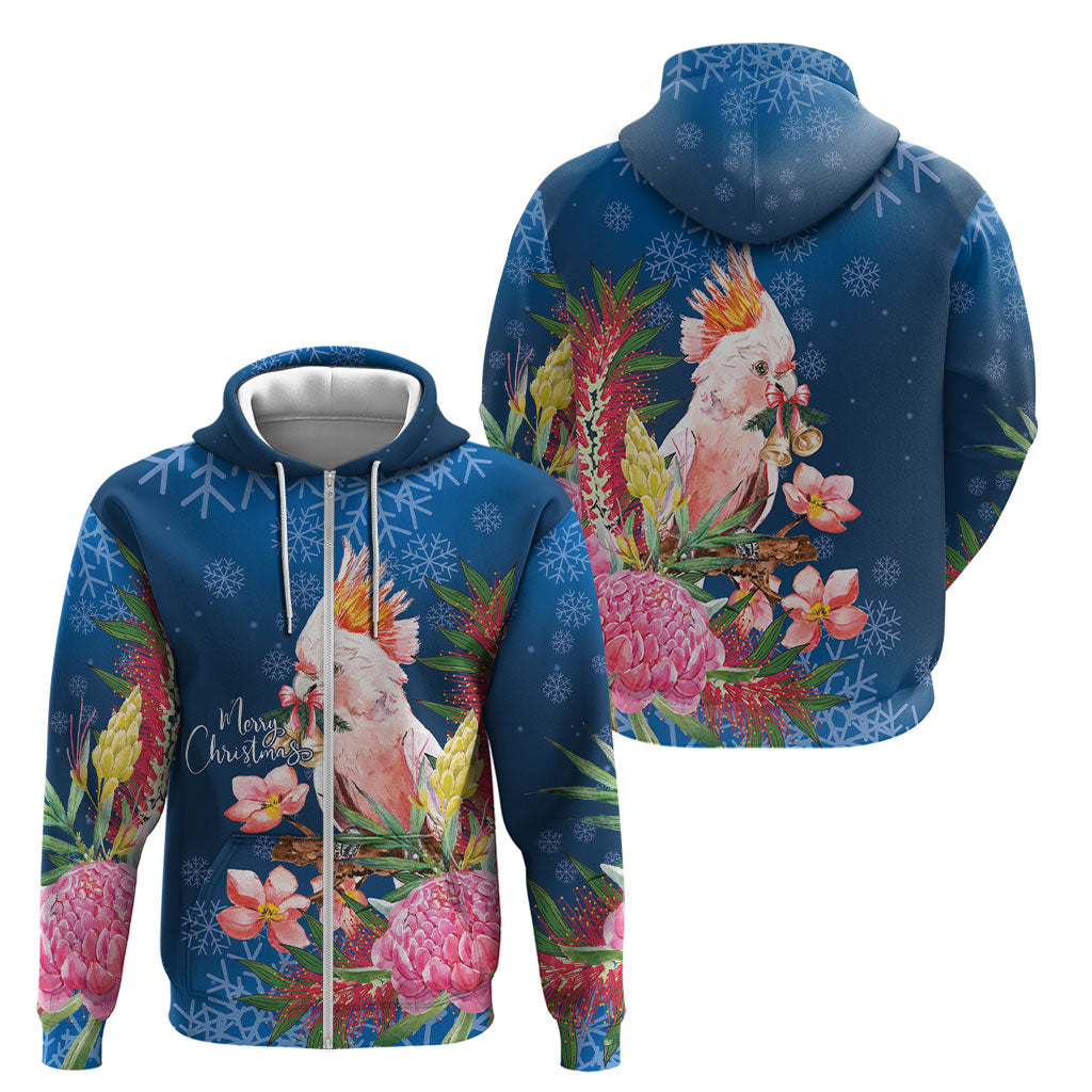 Australia Christmas Pink Cockatoo with Banksia Zip Hoodie Snowy Blue