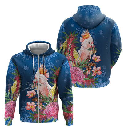 Australia Christmas Pink Cockatoo with Banksia Zip Hoodie Snowy Blue