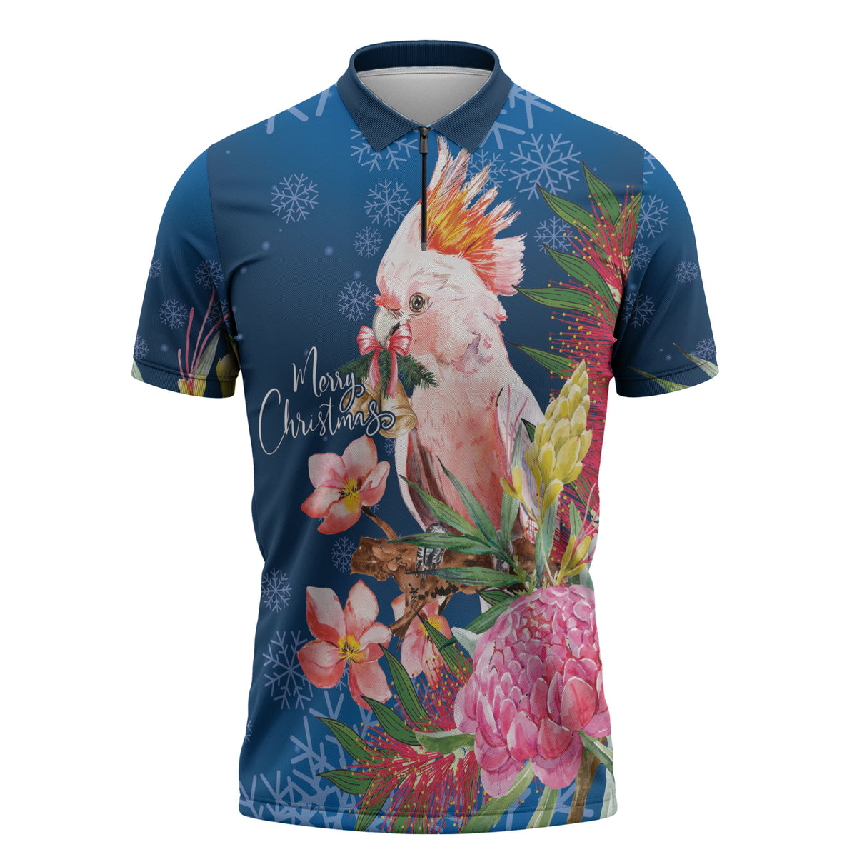Australia Christmas Pink Cockatoo with Banksia Zipper Polo Shirt Snowy Blue